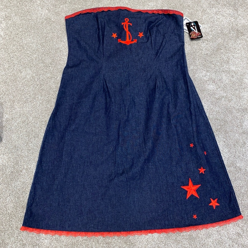 Mode Merr Strapless Denim Sailor Anchor Dress Size 3XL Stretch Lace NWT Pin Up